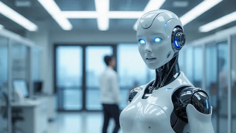 Advanced sleek white AI humanoid robot looking attentively within a modern glass-walled corporate office setting, representing a highly sophisticated digital receptionist ready for interaction
